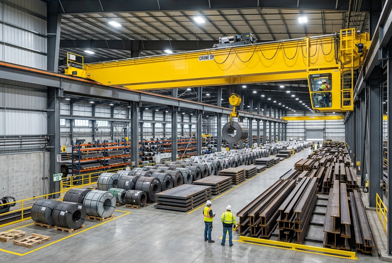 Bulk steel coils and raw metal warehouse supplies