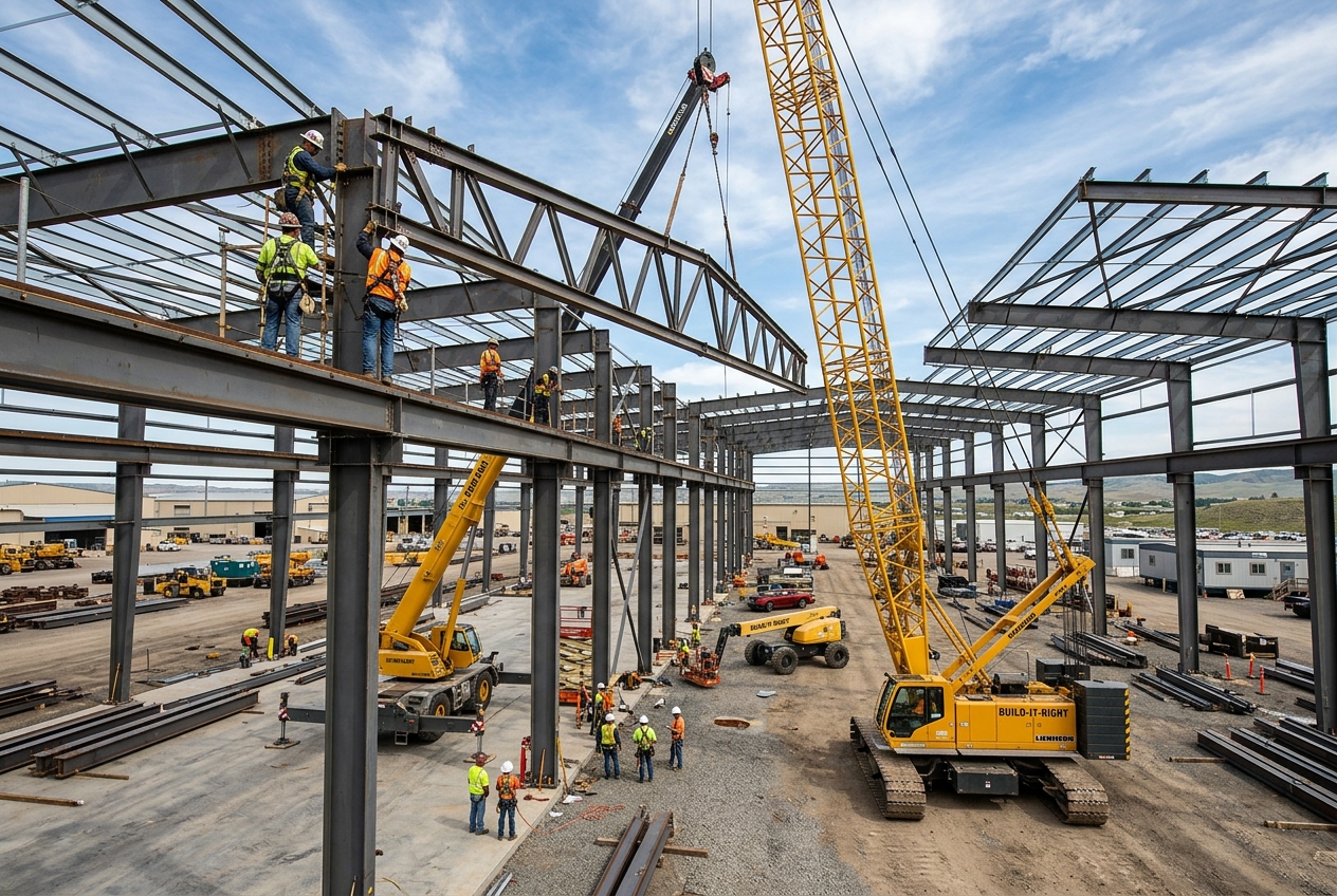 Pre-Engineered Building steel truss erection site